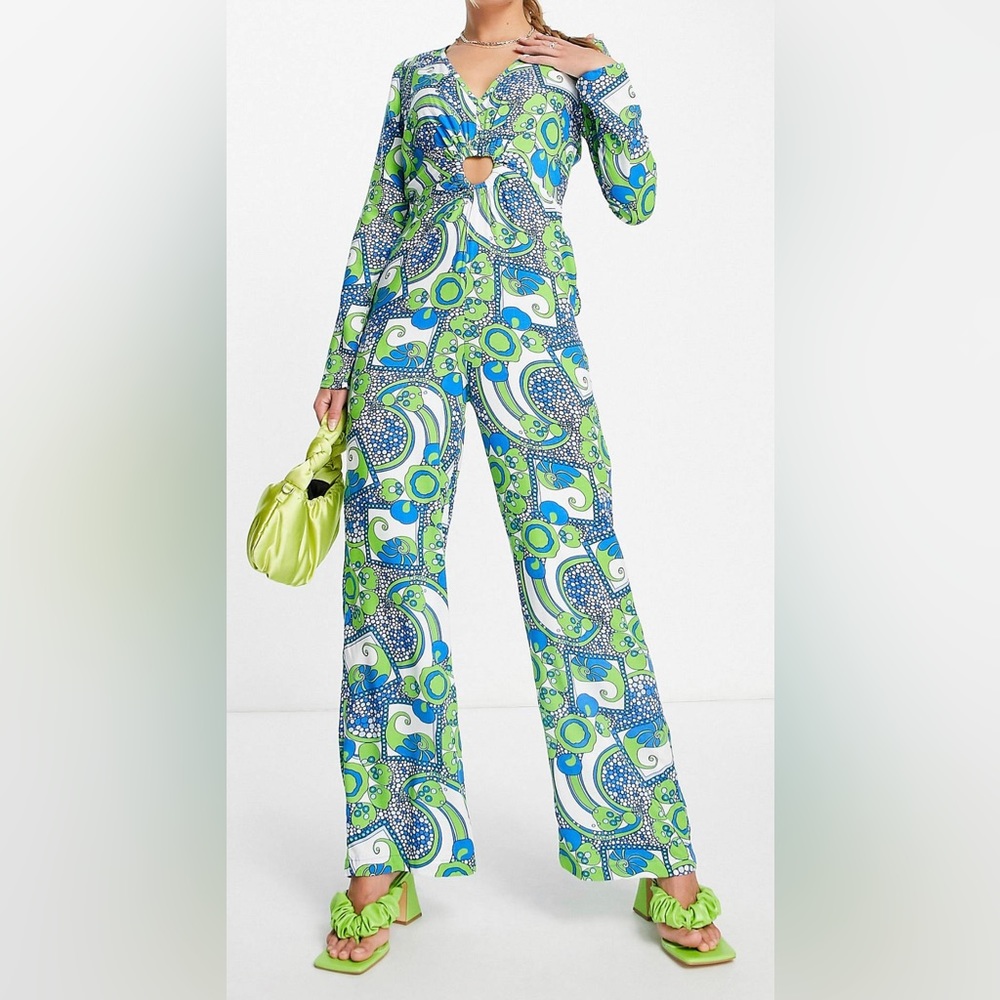 Never Fully Dressed heart cut out wide leg jumpsuit in swirl print